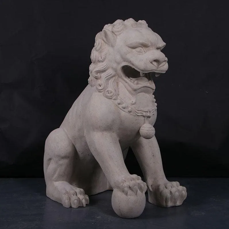 Stone Foo Dog Male On Base Chinese Lion Statue