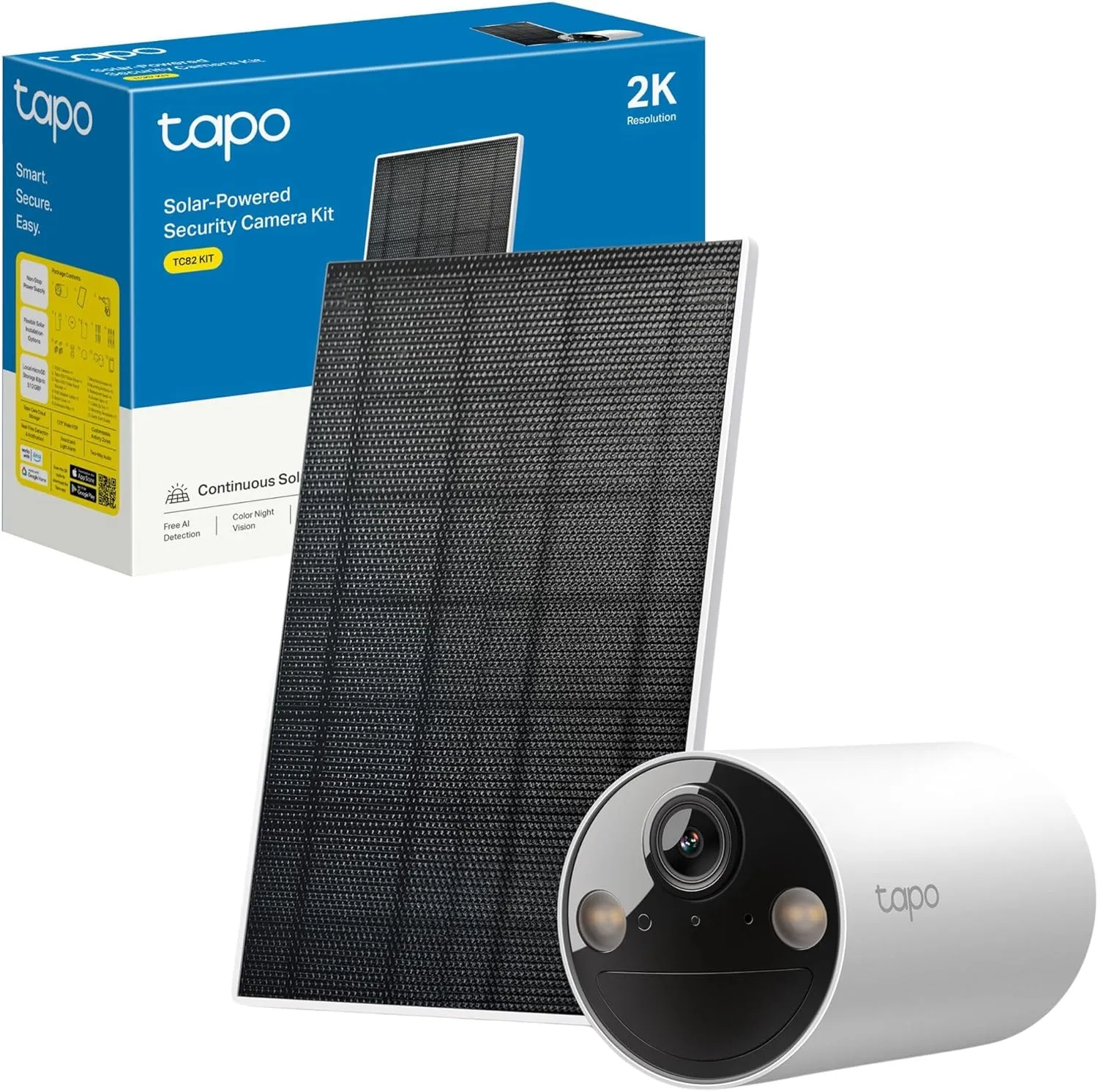 Tapo 2K Solar Security Camera Kit - Rechargeable Battery, Solar Panel, AI Detection, Colour Night Vision, Indoor/Outdoor, Alexa & Google Compatible (TC82 KIT)