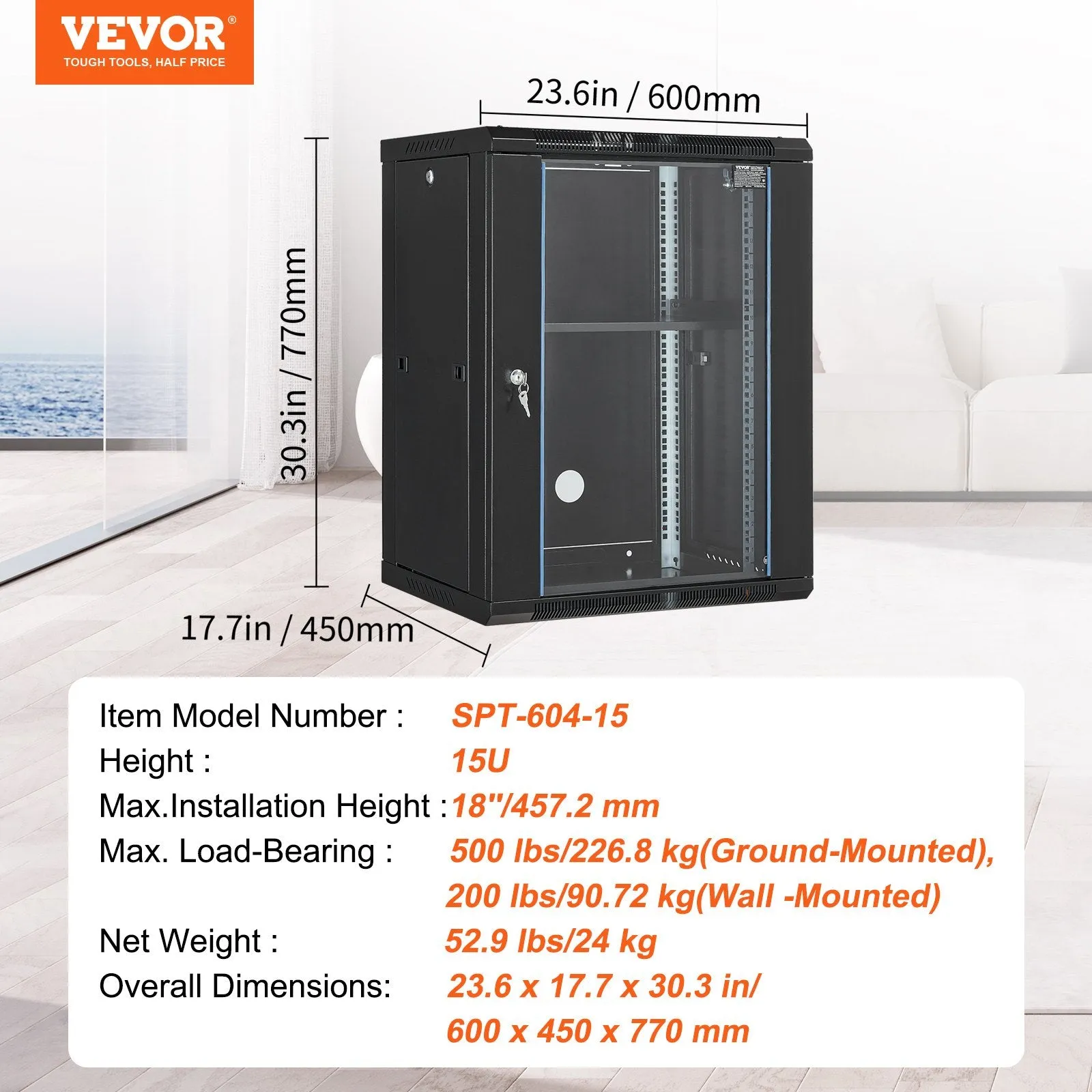 Vevor Network Server Cabinet 15U Wall Mount Enclosure 18" with Glass Door and Lock New