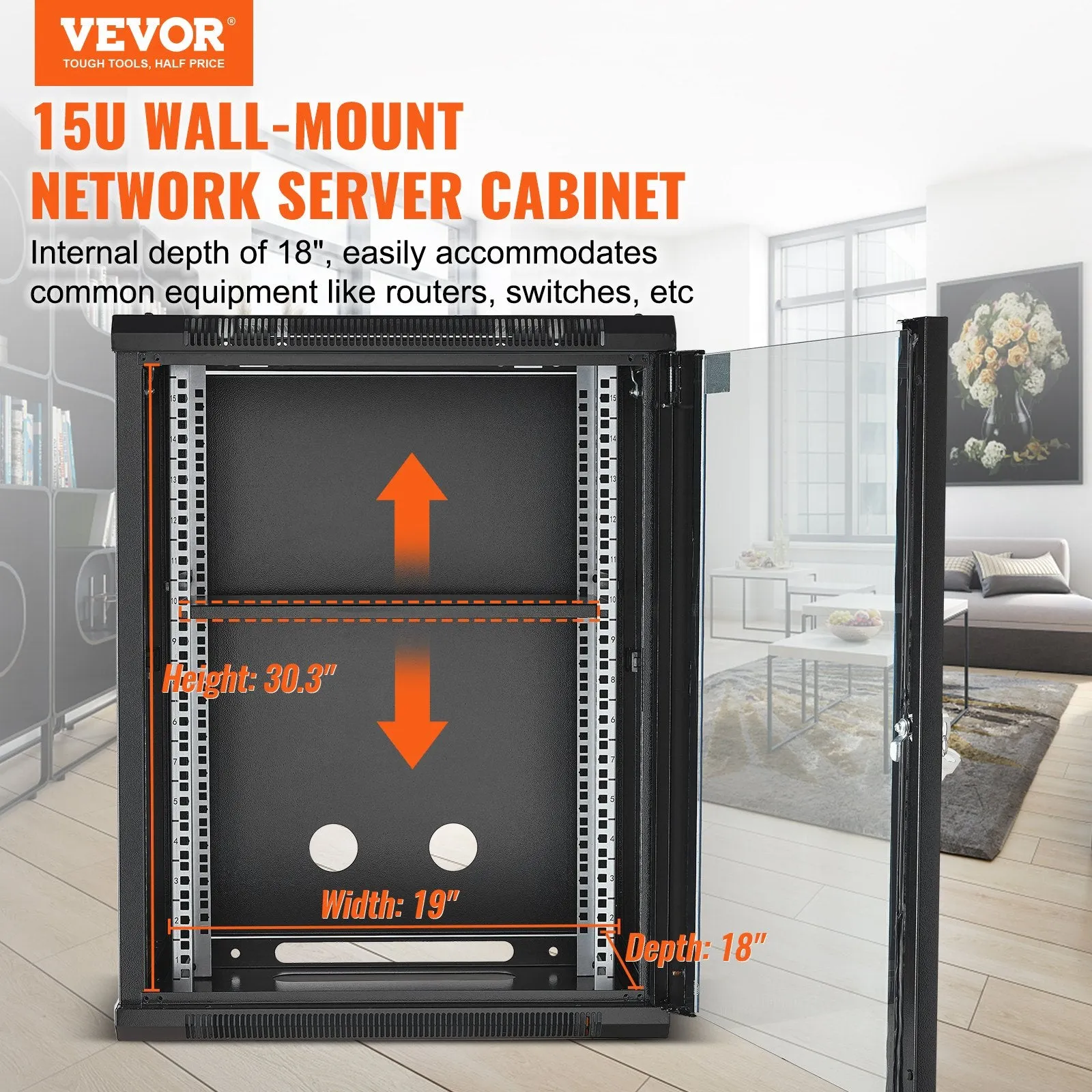 Vevor Network Server Cabinet 15U Wall Mount Enclosure 18" with Glass Door and Lock New