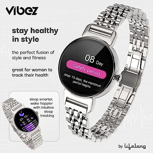 Vibez by Lifelong Ruby 1.04" AMOLED Smartwatch for Women with Metal Strap, Bluetooth Calling, 60 Hz, Voice Assistance, Female Cycle Tracker, IP68, Health Monitor(Silver, VBSW2205)