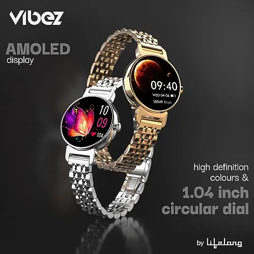 Vibez by Lifelong Ruby 1.04" AMOLED Smartwatch for Women with Metal Strap, Bluetooth Calling, 60 Hz, Voice Assistance, Female Cycle Tracker, IP68, Health Monitor(Silver, VBSW2205)