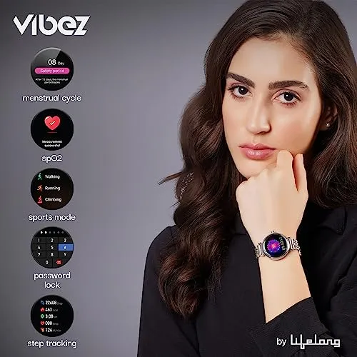 Vibez by Lifelong Ruby 1.04" AMOLED Smartwatch for Women with Metal Strap, Bluetooth Calling, 60 Hz, Voice Assistance, Female Cycle Tracker, IP68, Health Monitor(Silver, VBSW2205)