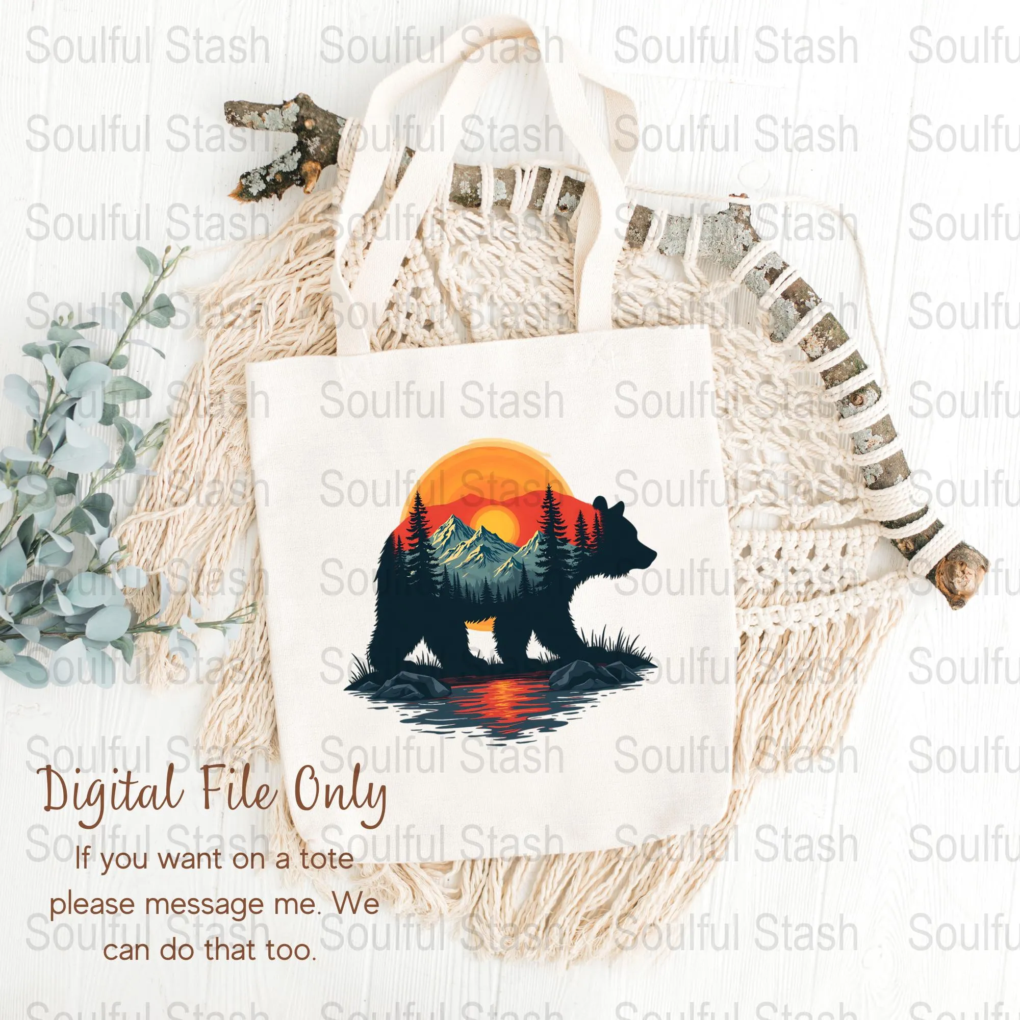 Wild Bear Landscape PNG, Sublimation Hiking Artwork, Mountain Sunset Digital Print, Nature Adventure Clipart, Forest Animal Illustration