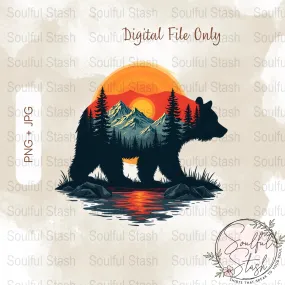 Wild Bear Landscape PNG, Sublimation Hiking Artwork, Mountain Sunset Digital Print, Nature Adventure Clipart, Forest Animal Illustration