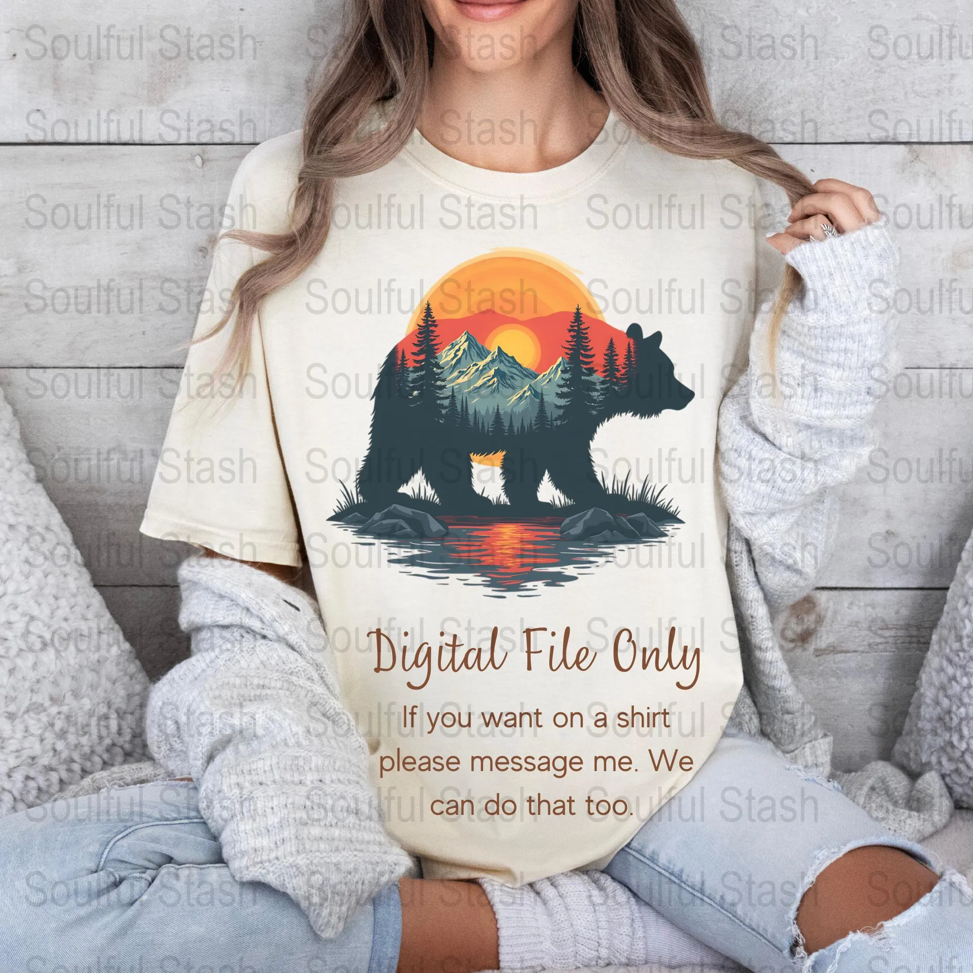 Wild Bear Landscape PNG, Sublimation Hiking Artwork, Mountain Sunset Digital Print, Nature Adventure Clipart, Forest Animal Illustration