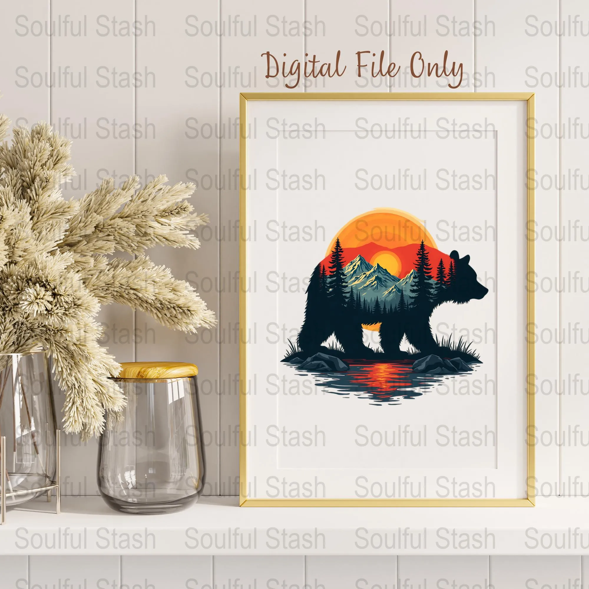 Wild Bear Landscape PNG, Sublimation Hiking Artwork, Mountain Sunset Digital Print, Nature Adventure Clipart, Forest Animal Illustration