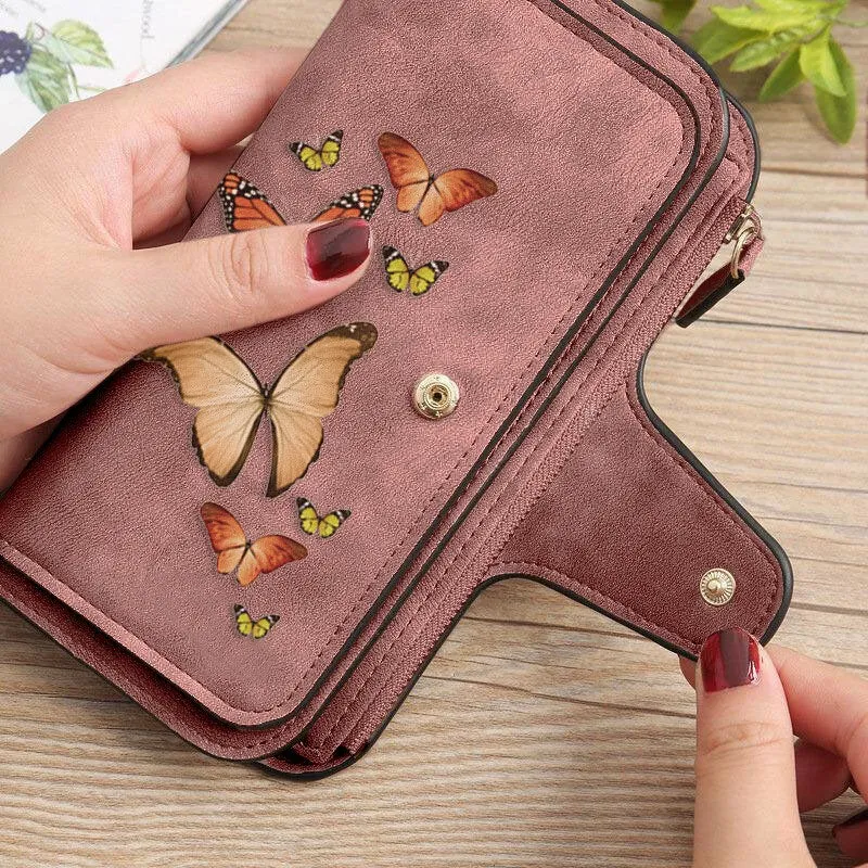 Women Butterfly Four Fold Wallet Purse 14 Card Slot 5.5 Inch Phone Bag