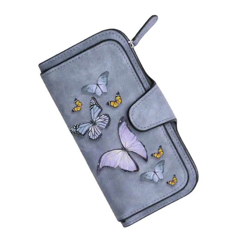 Women Butterfly Four Fold Wallet Purse 14 Card Slot 5.5 Inch Phone Bag