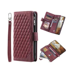 Zipper Wallet Mobile Phone Case for Samsung Galaxy A52/A52s with Wrist Strap - Wine